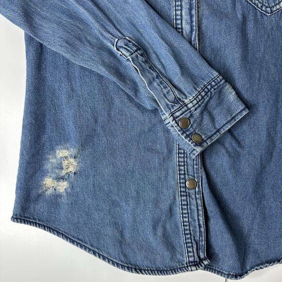 Miley Cyrus Max Azria Denim Top Sz S Snap Front Distressed Country Cowgirl - Picture 8 of 11